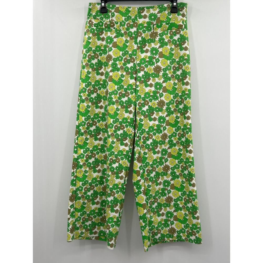 MNG Mango Floral Wide Leg Crop Pants Size 8 Green Yellow Retro Flower Print Mod